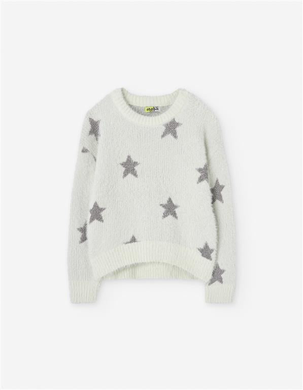 Conjunto falda polipiel con sweater blanco estrellas plata