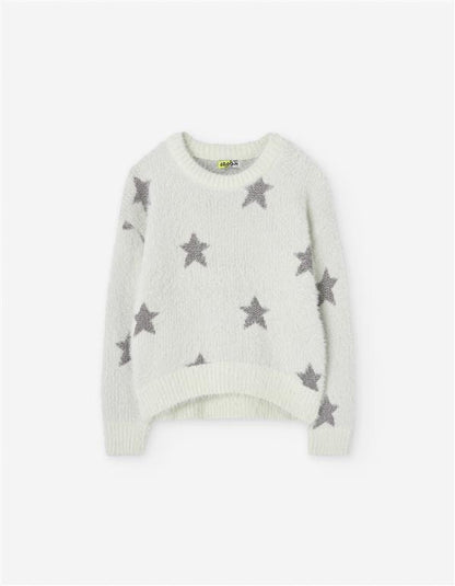 Conjunto falda polipiel con sweater blanco estrellas plata