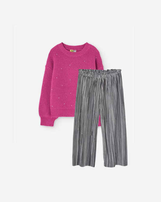 Conjunto sweater rosa y pantalón ancho con elástico