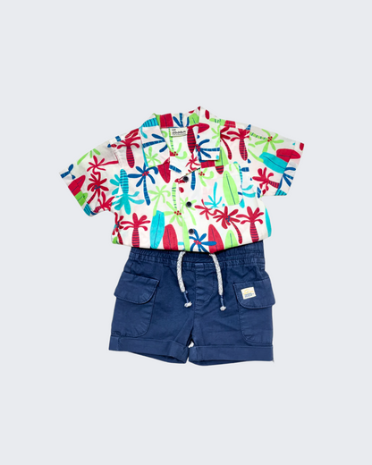 Set camisa palmas con short azul bolsas laterales, bebe