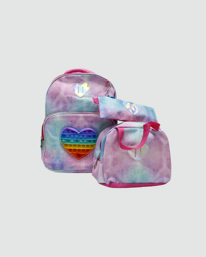 set mochila, lapicera y lonchera tema corazón popit holográfico