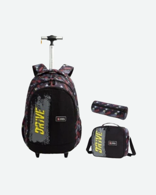 Mochila con llantitas, lonchera y lapicera. para niño