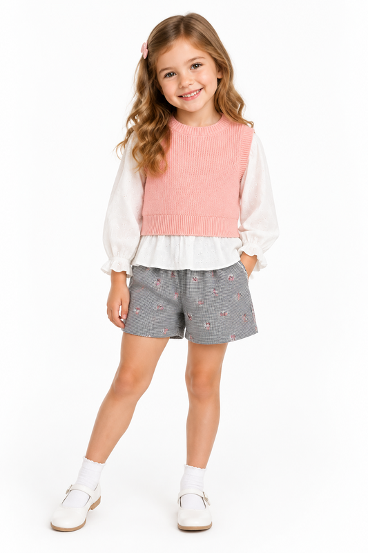 Set blusa blanca con chaleco  + Short cuadros y flores