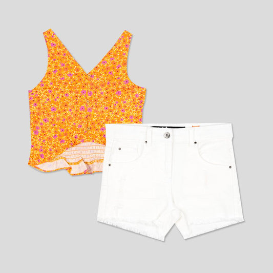 set 2 piezas short denim blanco y blusa flores