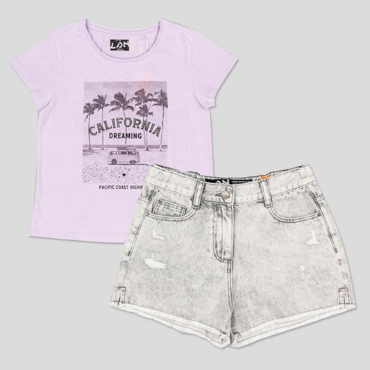 set 2 piezas short denim gris y camiseta lila