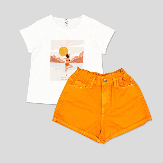 set 2 piezas short denim naranja, camiseta blanca print niña