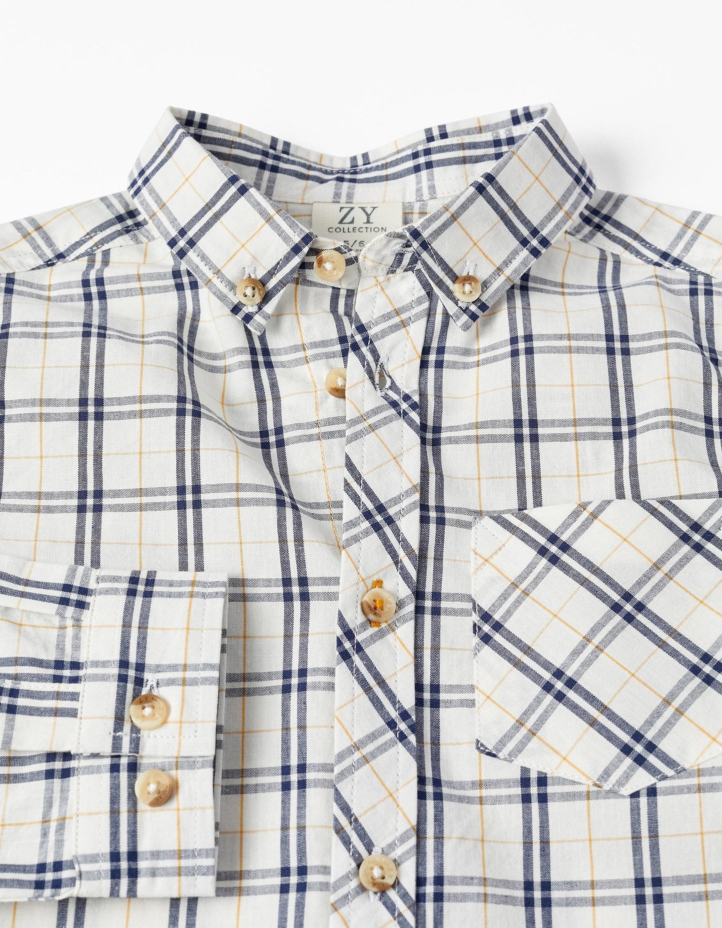 camisa blanca cuadros marino y mostaza