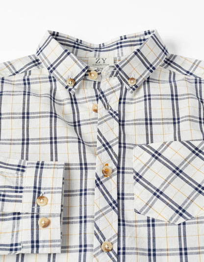 camisa blanca cuadros marino y mostaza