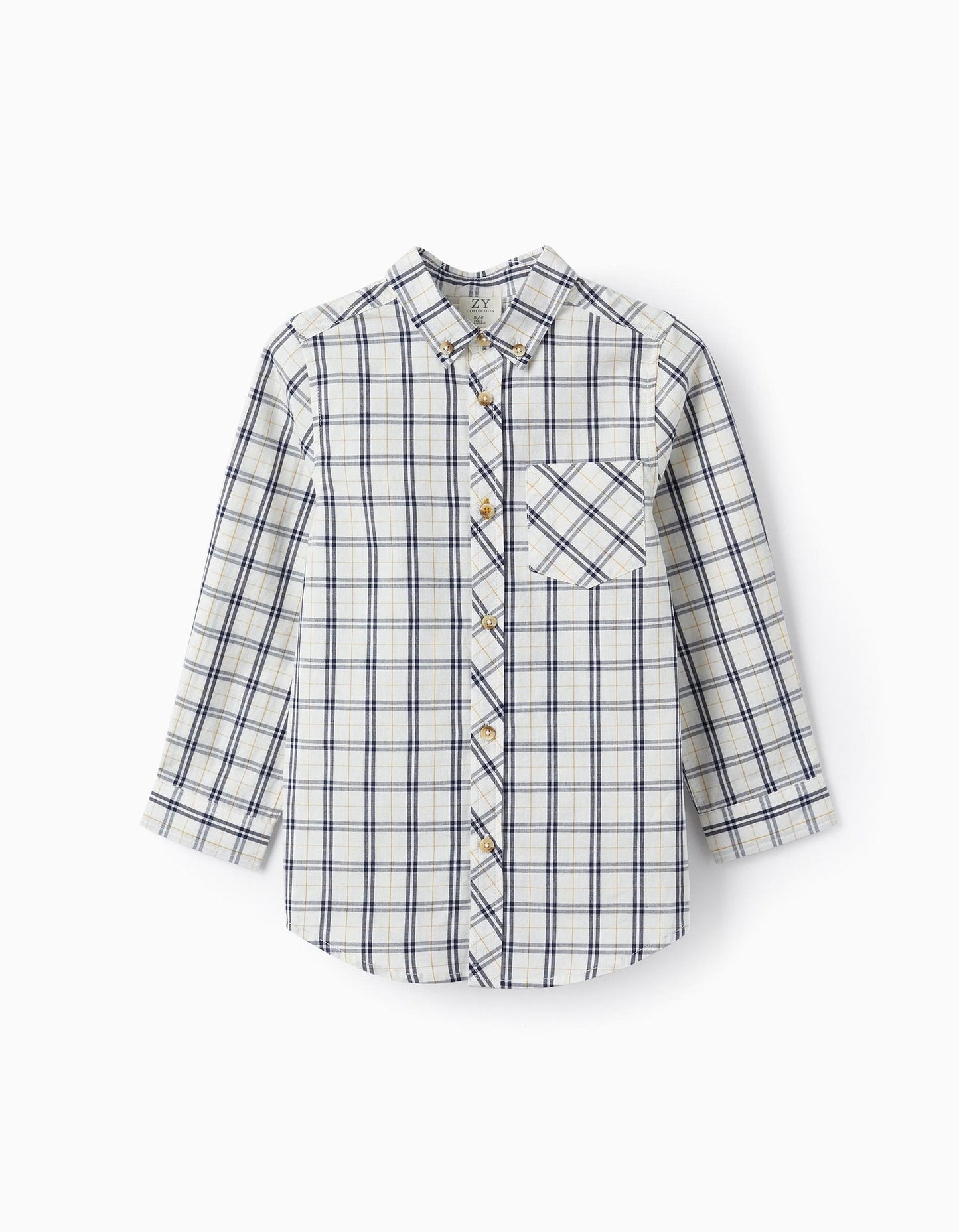 camisa blanca cuadros marino y mostaza