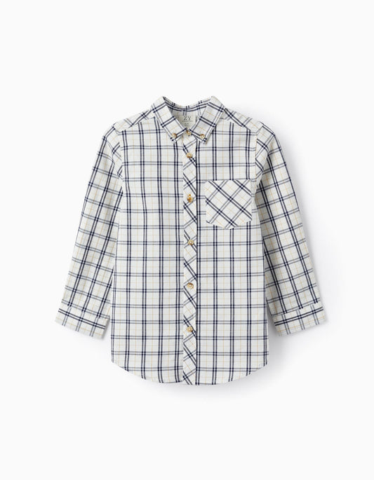 camisa blanca cuadros marino y mostaza