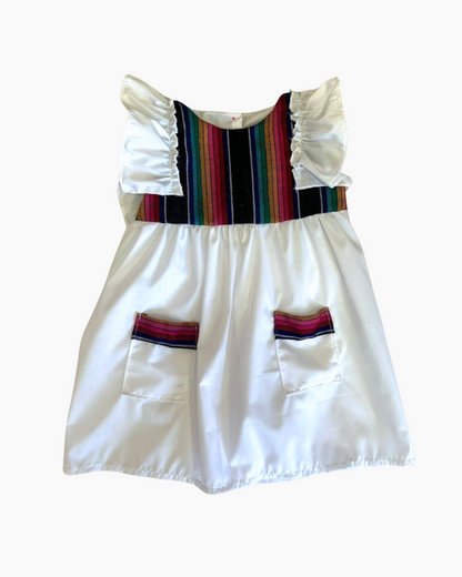 vestido patrio popelina Blanco con peto a rayas colores negro amarillo