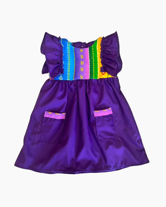 vestido patrio popelina morado con peto a rayas colores azul, amarillo, verde