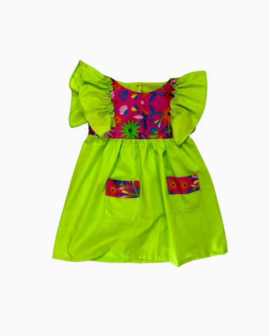 vestido patrio popelina verde limóncon peto flores colores azul, amarillo, verde