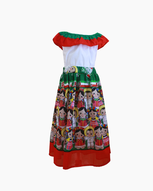 Set Patrio Falda Adelita , Blusa Campesina Blanca olanes rojo y verde