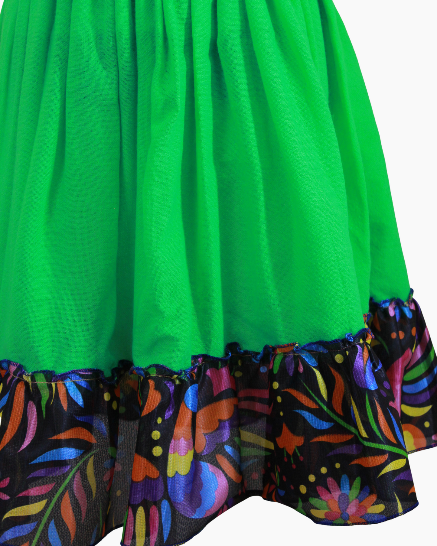 Set Patrio Falda Azul Cambaya con olan Flores y Blusa Campesina Azul Pompones Verde