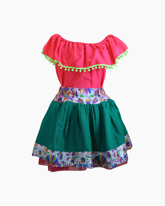 Set Patrio Falda Tipo TuTu Cambaya Color Verde y Blusa Campesina Naranja con Pompones Verde