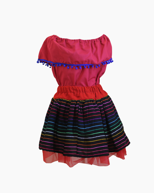 Set Patrio Falda Tipo TuTu Cambaya a Rayas y Blusa Campesina Vino con Pompones