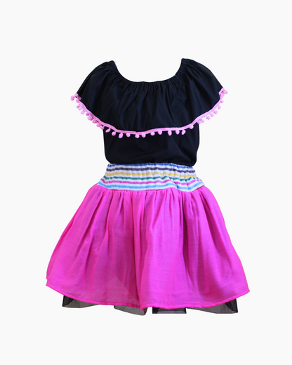 Set Patrio Falda Tipo TuTu Cambaya Rosa y Blusa Campesina Negra