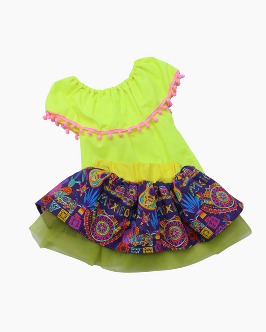 Set Patrio Falda Tipo TuTu  diseños mexicanos y Blusa Campesina amarilla fluorescente con pompones rosa