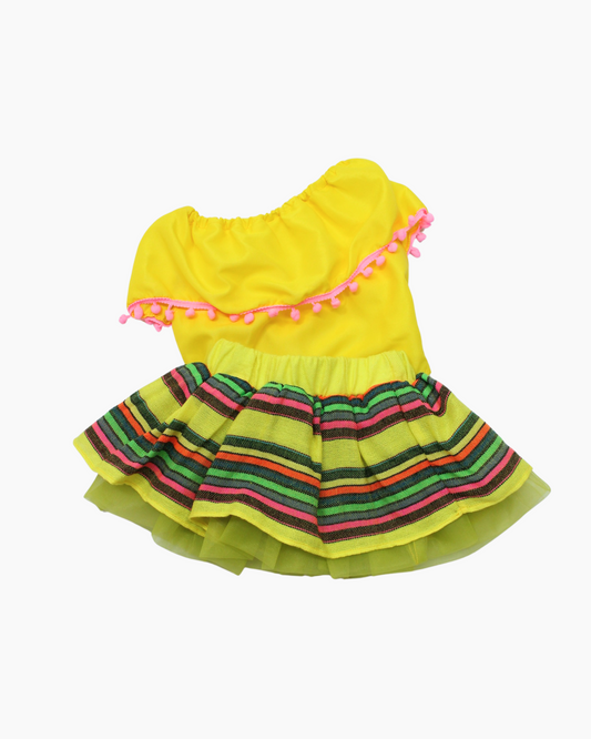 Set Patrio Falda Tipo TuTu  diseños mexicanos y Blusa Campesina amarilla  con pompones rosa
