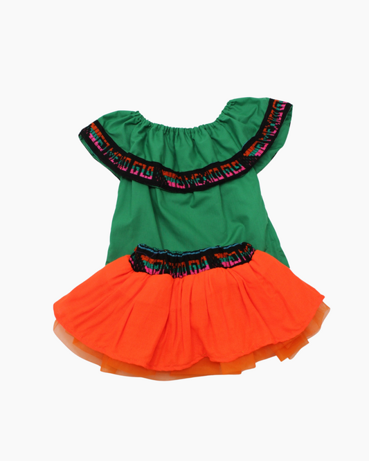 Set Patrio Falda Tipo TuTu  Cambaya Naranja y Blusa Campesina verde con pompones rosa