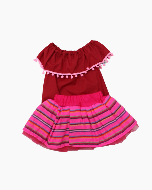 Set Patrio Falda Tipo TuTu  Cambaya rayas rosas y Blusa Campesina roja con pompones rosa