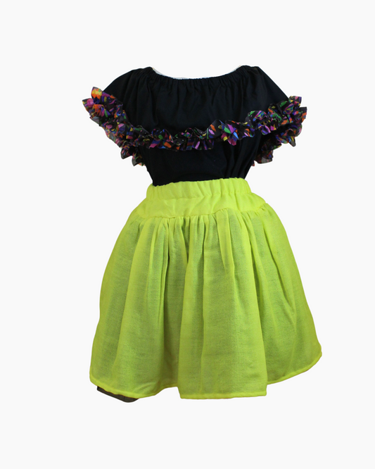 Set Patrio Falda Tipo TuTu Cambaya Amarillo y Blusa Campesina Negra Olanes Multicolor