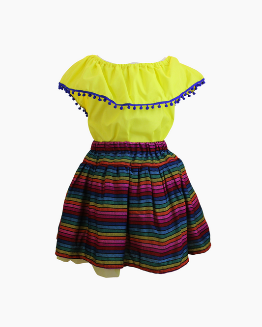 Set Patrio Falda Tipo Tutu Rayas y Blusa Campesina Color Amarillo con Pompones Azul