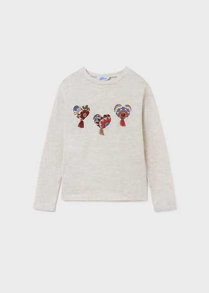 set blusa milk 3 corazones, falda de flores granate, mayoral