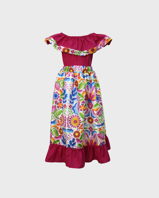 Set Patrio Falda Adelita, Blusa Campesina Color Magenta con Olan
