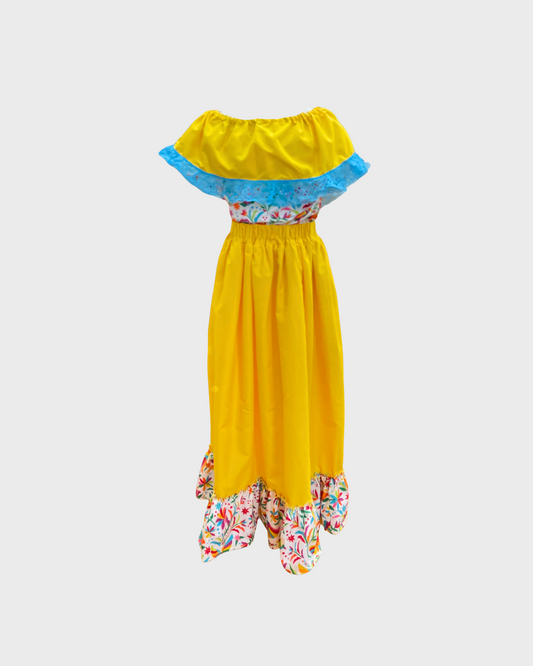 Set Patrio Falda Adelita, Blusa Campesina Color Amarillo Con Olan Encaje Azul