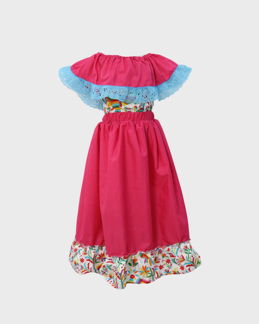 Set Patrio Falda Adelita, Blusa Campesina Color Rosa Con Olan Encaje Azul