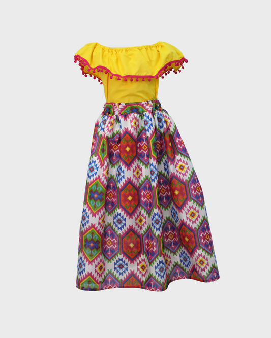 Set Patrio Falda Adelita , Blusa Campesina Amarillo con Olan Pompon