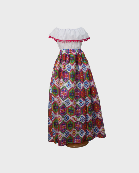 Set Patrio Falda con Elementos Estilo  Mexicana y Blusa Campesina color Blanca, Pompon Rosa