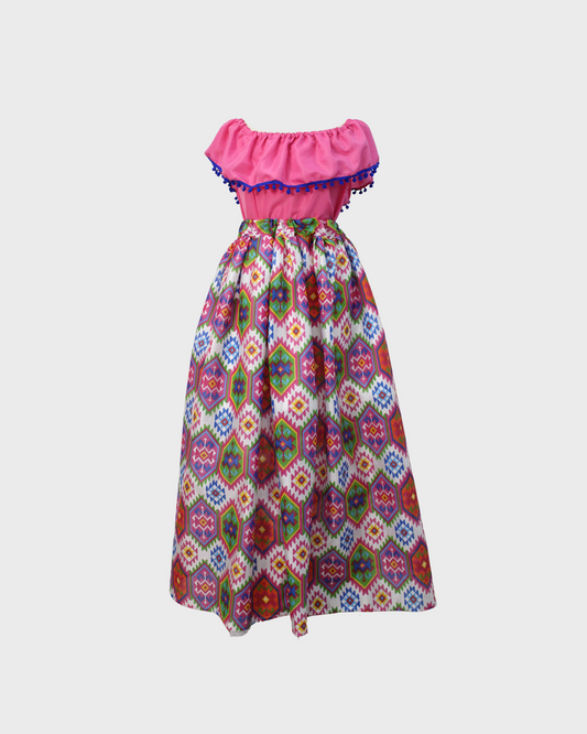 Set Patrio Falda con Elementos Estilo  Mexicana y Blusa Campesina color Rosa Pompon Azul