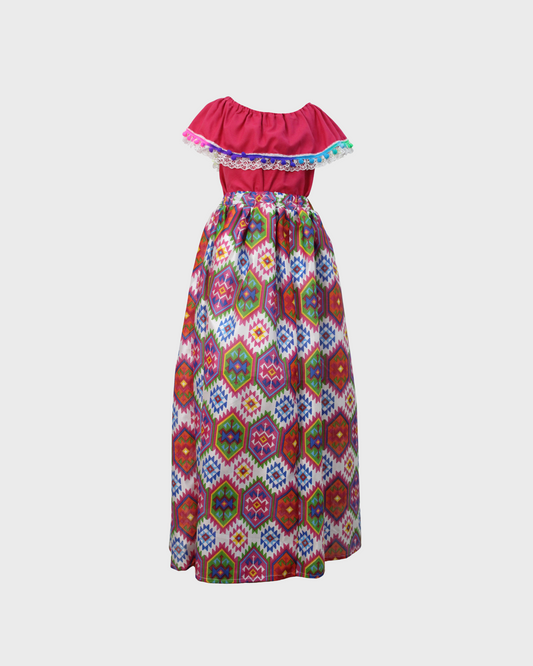 Set Patrio Falda Larga Tipo Adelita Blanca Flores y Blusa Campesina Magenta Encaje  y pompones de colores