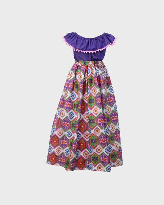 Set Patrio Falda con Elementos Estilo  Mexicana y Blusa Campesina color Morado