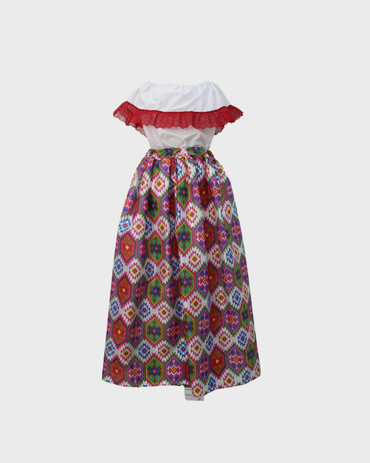 Set Patrio Falda con Elementos Estilo  Mexicana y Blusa Campesina color Blanco