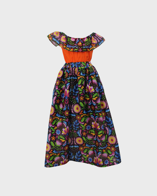 Set Patrio Falda con Elementos Estilo  Mexicana y Blusa Campesina color Naranja