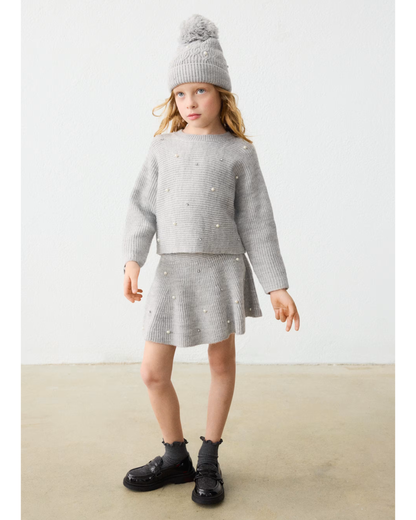 Set 2 piezas  + falda tricot + jersey tricot gris con perlas