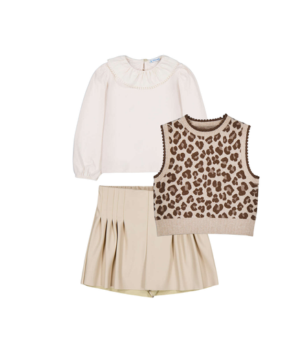 Set 3 piezas blusa + falda polipiel + chaleco tricot