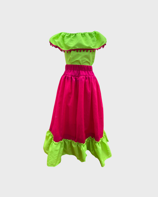Set Patrio Falda Adelita, Blusa Campesina Color Verde con Olan Pompones