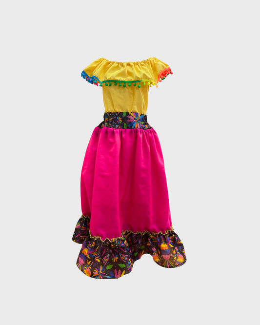 Set Patrio Falda Adelita, Blusa Campesina Color Amarillo con Olan Encaje Pompones Colores