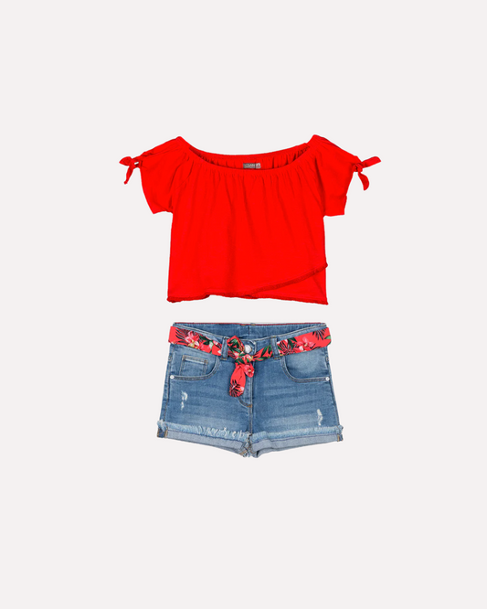 Set Blusa Roja Manga Nudo, Short mezclilla, con lazo en la cintura