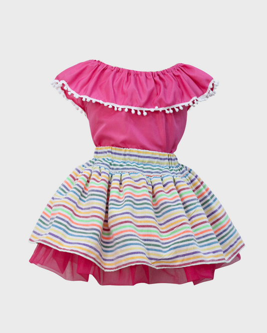 Set Patrio Falda Tipo TuTu  Cambaya Rayas y Blusa Campesina Rosa con pompones Blanco