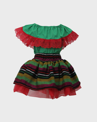 Set Patrio Falda Tipo TuTu  Cambaya Rayas y Blusa Campesina Verde con Olan Encaje Rojo