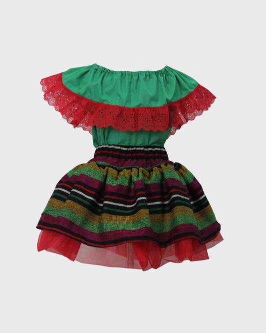 Set Patrio Falda Tipo TuTu  Cambaya Rayas y Blusa Campesina Verde con Olan Encaje Rojo