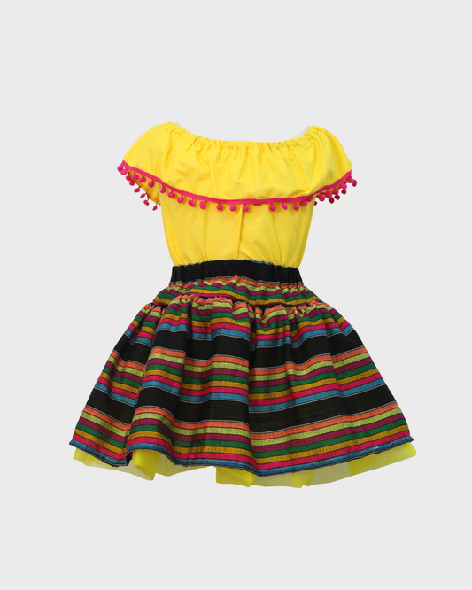 Set Patrio Falda Tipo TuTu  Cambaya Rayas y Blusa Campesina  Color Amarillo con Olan Pompones