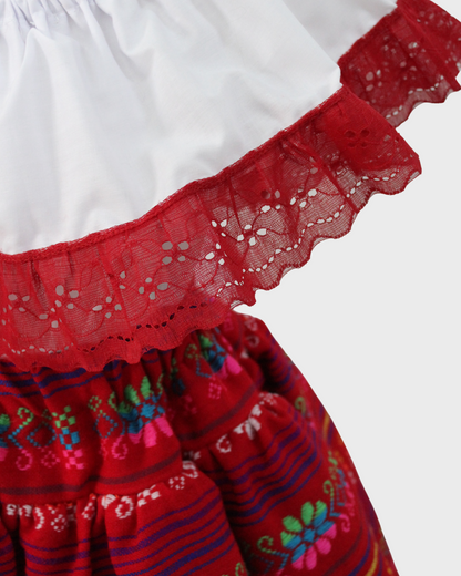 Set Patrio Falda Tipo TuTu  Cambaya Rayas y Blusa Campesina  Color Blanco con Encaje Rojo