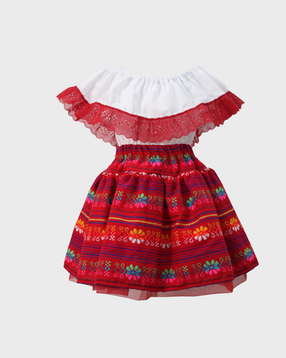 Set Patrio Falda Tipo TuTu  Cambaya Rayas y Blusa Campesina  Color Blanco con Encaje Rojo